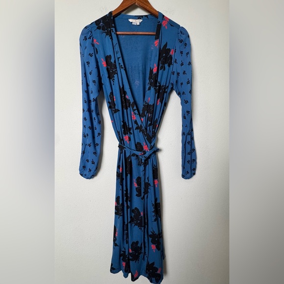 BODEN Leda Jersey Wrap Dress Blue/Teal Baltic Pop Floral Midi Size 12 R - Picture 3 of 15